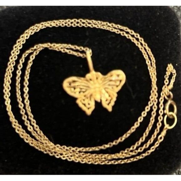 14K Solid Gold Butterfly Filigree Pendant on 12K Goldfilled Chain- Necklace - Picture 1 of 11
